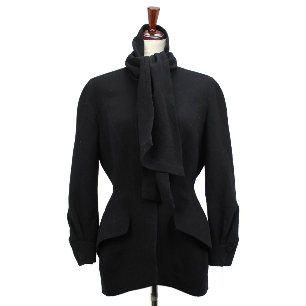 VTG 80s Thierry Mugler Black Wool Sculptural Attached Scarf Blazer Suit Coat 40
